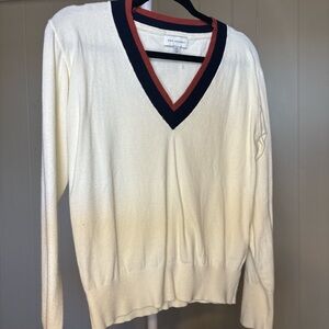 V-Neck Sweater in Cream with Navy and Red Accents